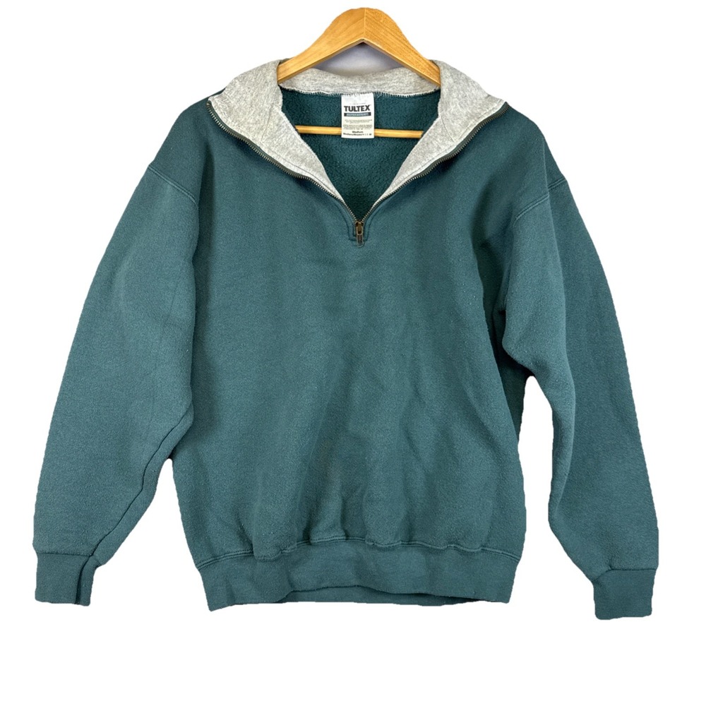 Vtg Vintage Green Blank Tultex Tag Quarter Zip Crewneck Sz M Preppy
